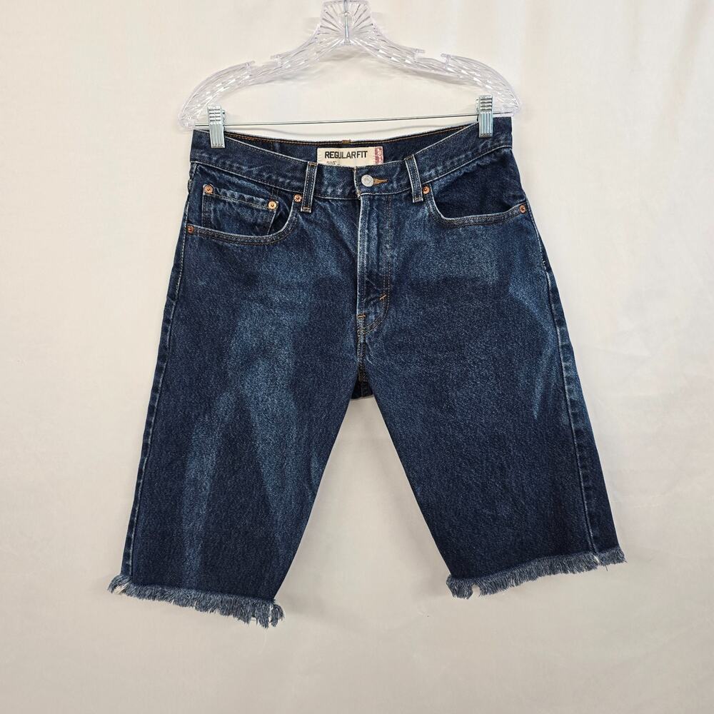 Levi's 505 Regular Fit Jean Shorts Men's 32 Blue Cotton Fray Cut Off 12" Inseam